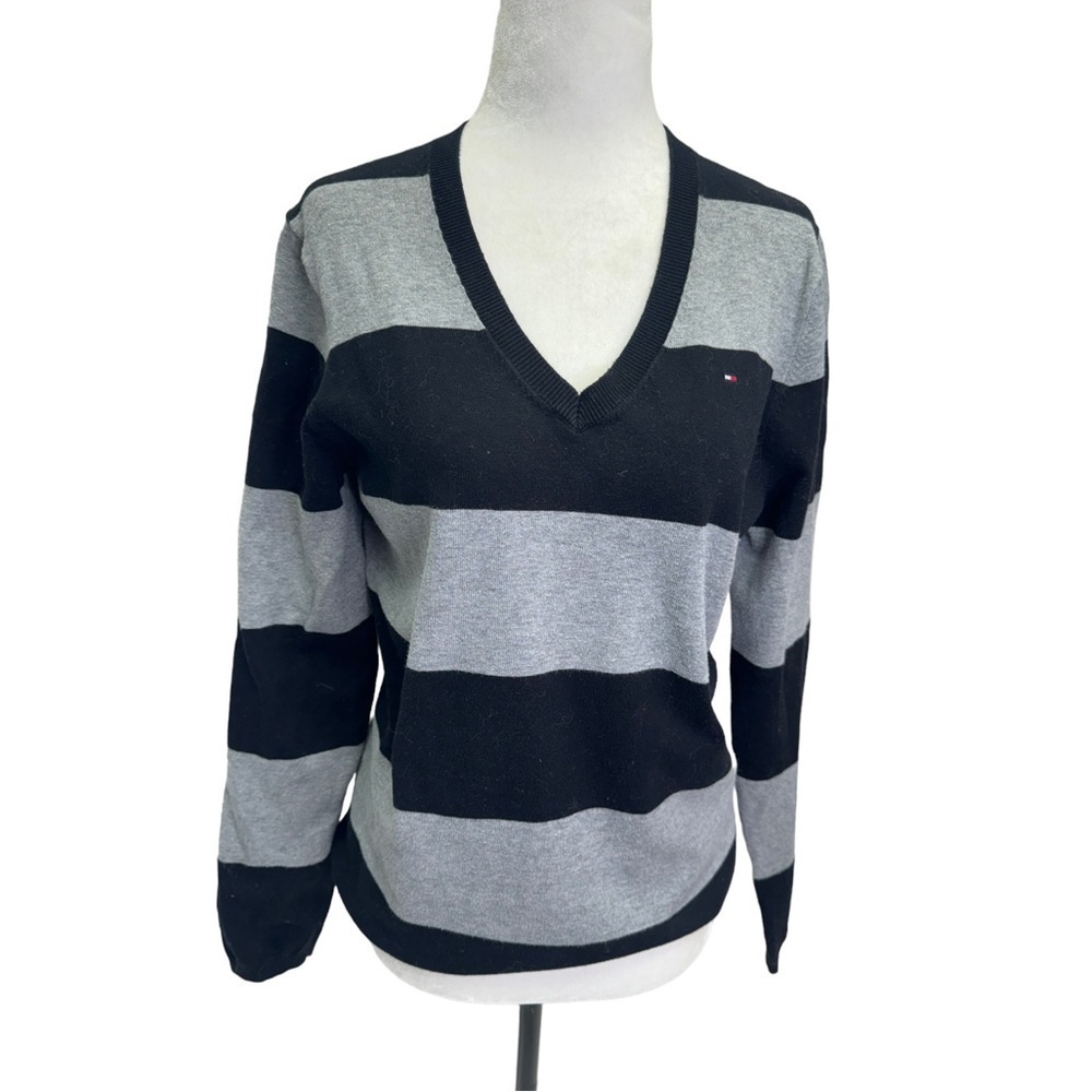 Tommy Hilfiger Black/Grey Stripe V-Neck Pullover Cotton Sweater S